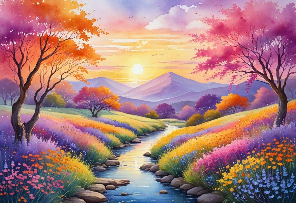 A serene landscape that transitions from a vibrant sunrise symbolizing euphoria to a peaceful sunset representing contentment, with a winding path connecting both scenes. Include a meditative figure peacefully walking along the path, surrounded by blooming flowers and gentle flowing water, symbolizing the journey of mastering life’s delights. Evoke a sense of tranquility and joy. watercolor style. vibrant colors.