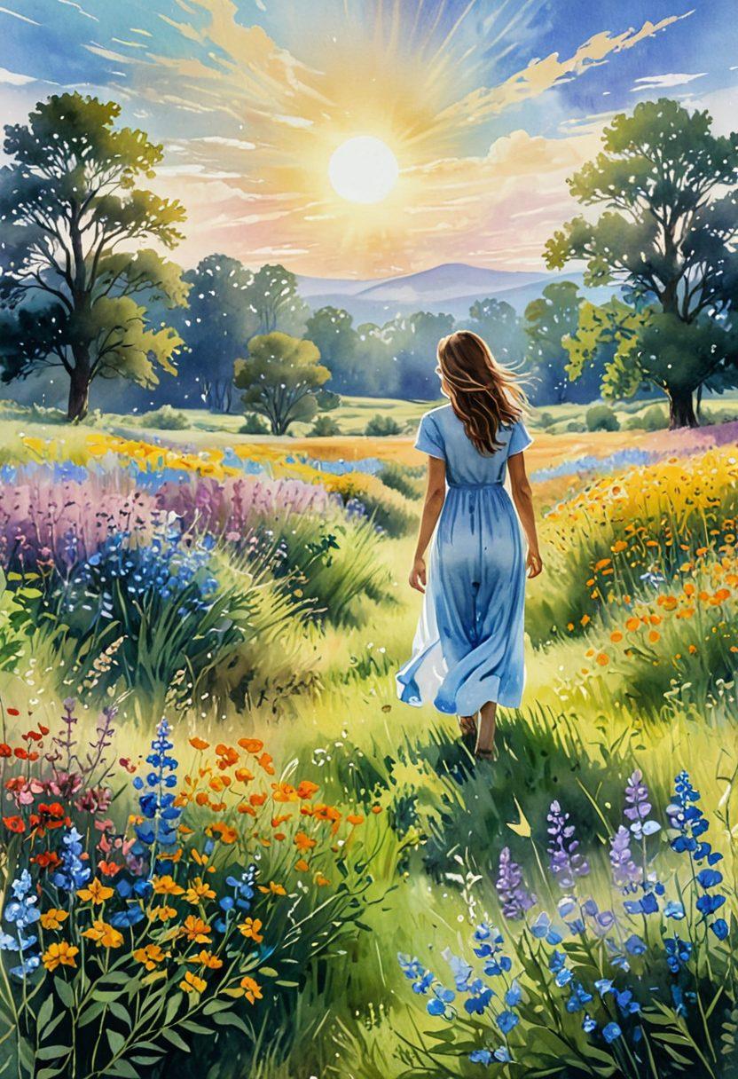 A serene landscape depicting a blooming meadow under a radiant sun, with vibrant wildflowers symbolizing positivity. Silhouettes of people joyously embracing each other in the foreground, radiating happiness. A gentle breeze causing leaves to dance, creating an uplifting atmosphere. The sky transitions from soft pastels to brilliant blues, evoking a sense of tranquility and joy. watercolor painting. vibrant colors.