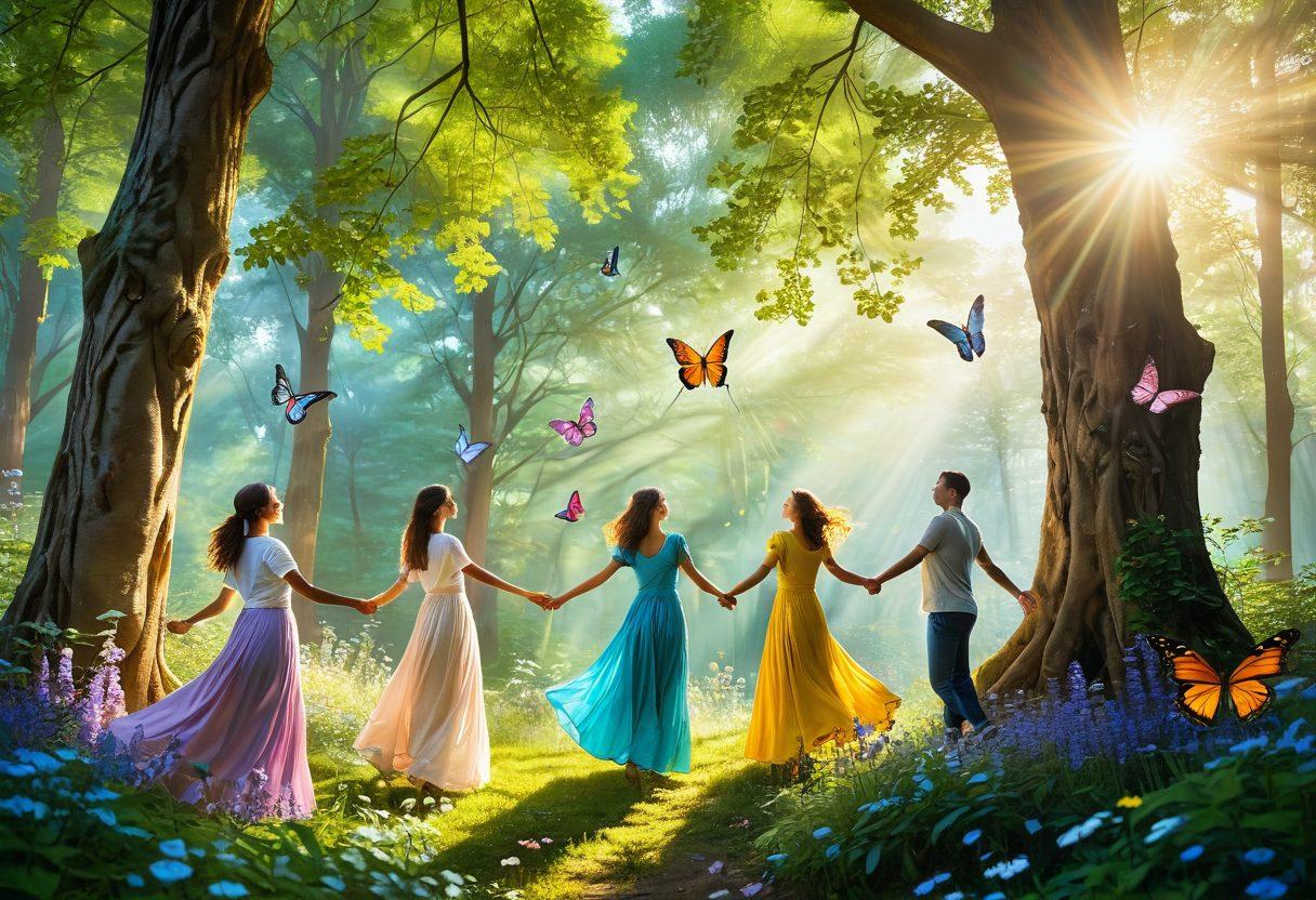 A serene morning scene featuring a diverse group of joyful individuals practicing mindfulness in nature, surrounded by blooming flowers and sunlight streaming through the trees. Include elements of positivity, such as smiling faces, uplifting quotes in the air, and colorful butterflies fluttering around. The atmosphere should be warm and inviting, symbolizing happiness and optimism. super-realistic. vibrant colors. soft focus.